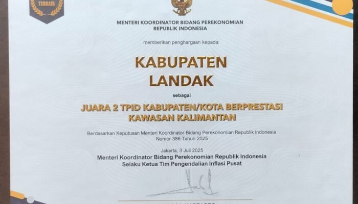 Pemkab Landak Raih Juara 2 TPID Berprestasi Kawasan Kalimantan