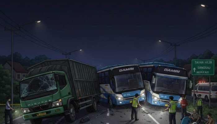 Tabrakan Beruntun Dua Bus Damri dan Truk di Tayan Hilir, Sopir Truk Tewas, Belasan Penumpang Luka